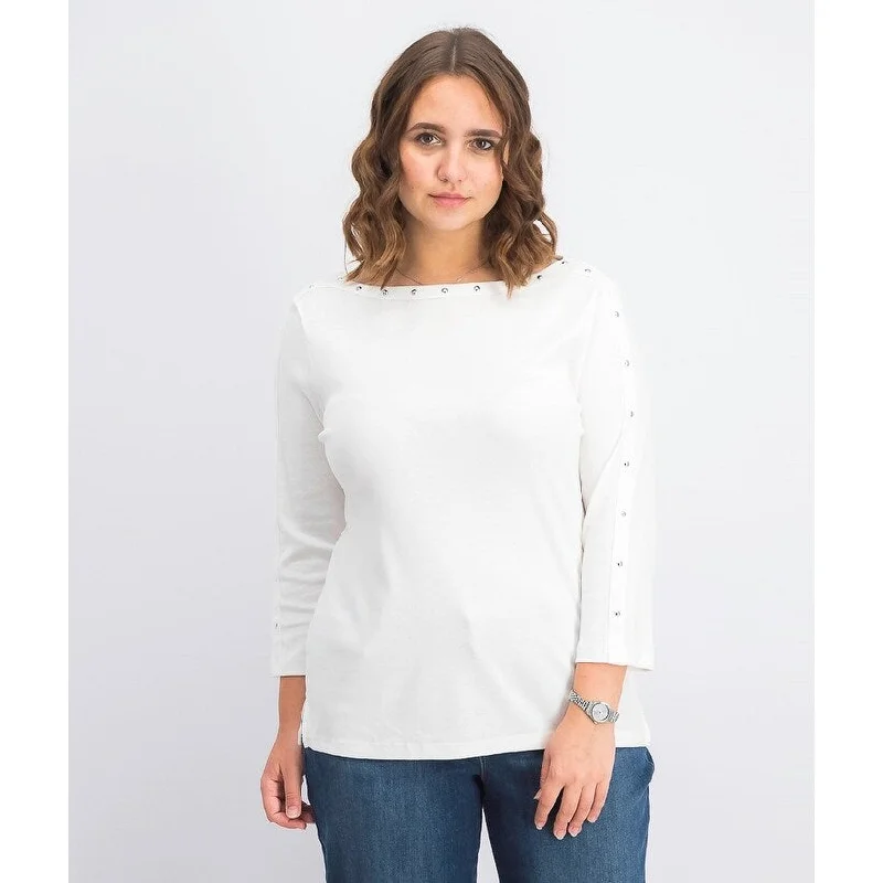 Karen Scott Women's Studded 3/4-Sleeve Top White Size Small