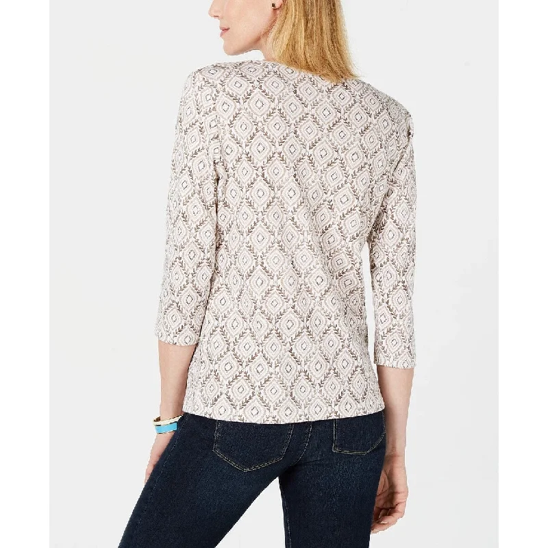 Karen Scott Women's Vine-Print 3/4-Sleeve Top Dark Beige Size Extra Small - XS