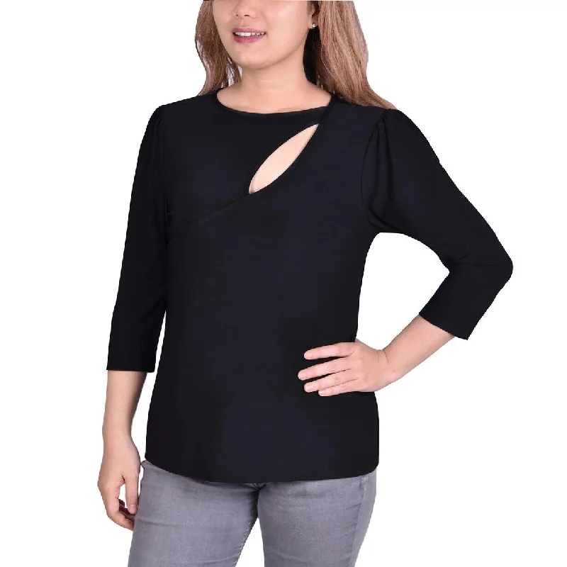 NY Collection Women's Embellished Cutout 3/4-Sleeve Top Black Size Petite Medium - Petite Medium