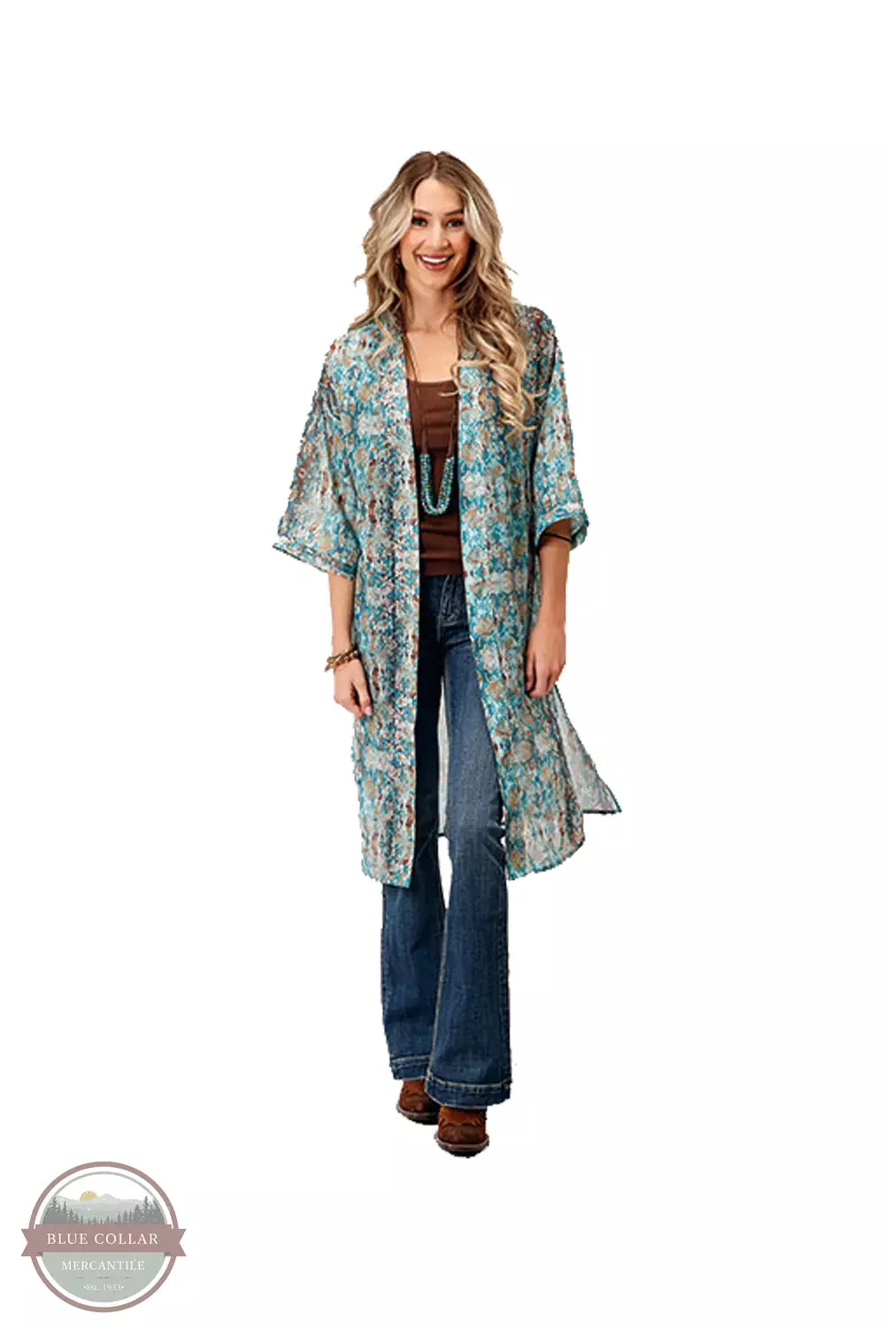 Teal Snake Print 3/4 Quarter Sleeve Kimono by Roper 03-500-0590-7088 GR