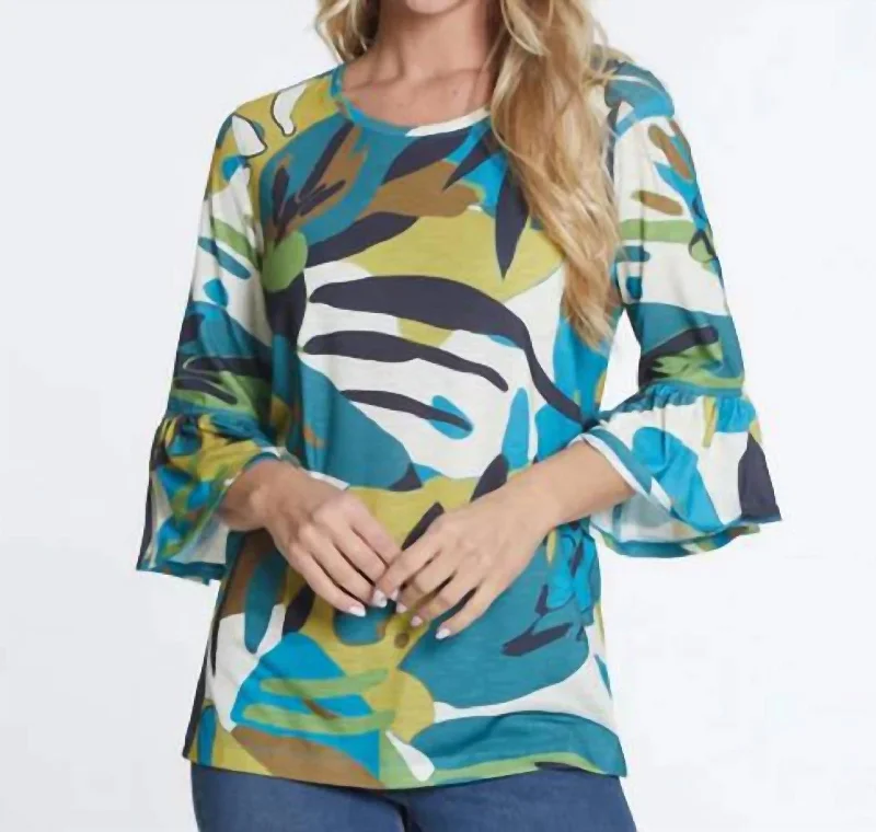 3/4 Flounce Sleeve Top In Leaf Print