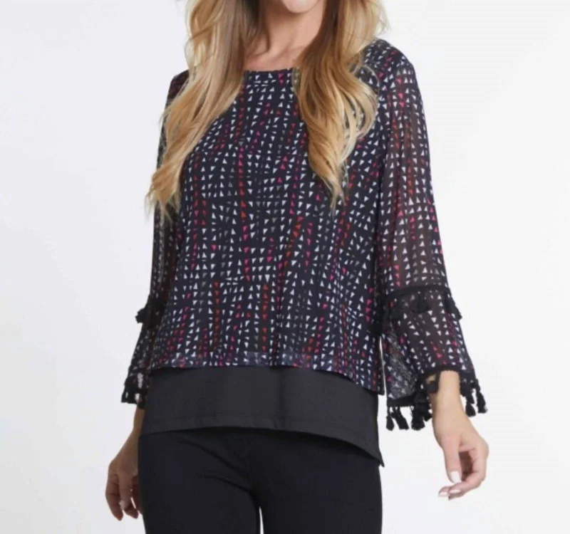 3/4 Founce Sleeve Top In Blue Multi