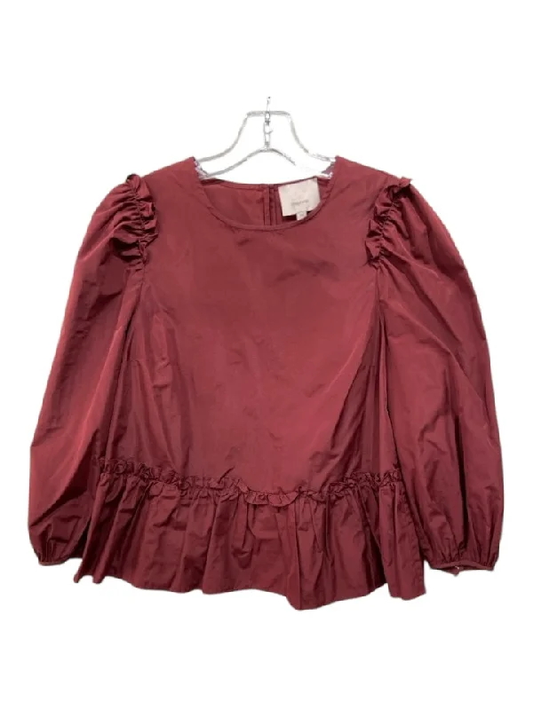 Cinq a Sept Size XS Burgundy Polyester 3/4 Puff Sleeve Back Keyhole Peplum Top