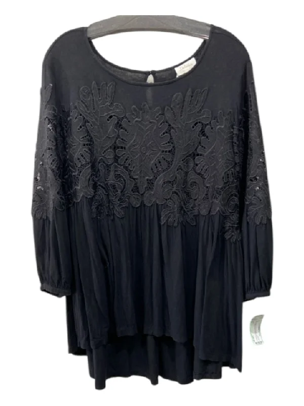 Deletta Size XL Black Rayon Embroidered Lazer Cut 3/4 Puff Sleeve Top