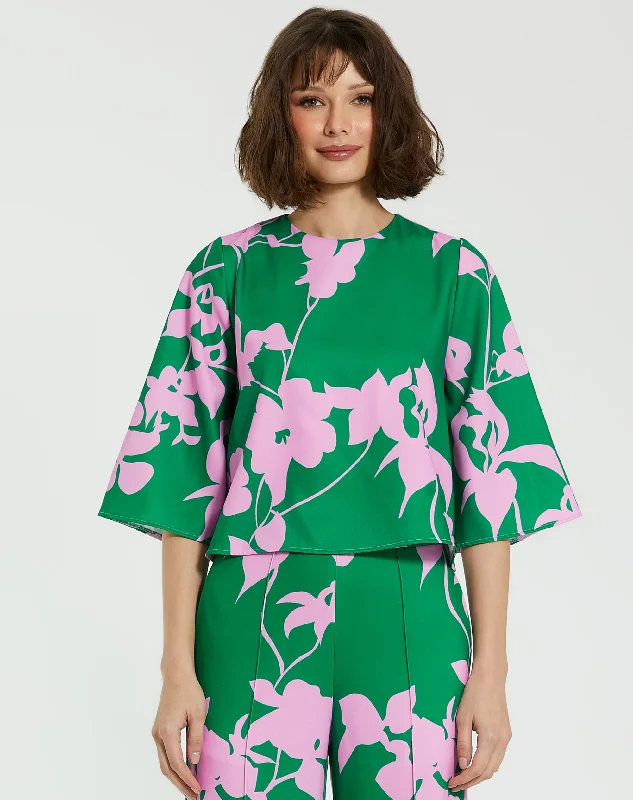 Printed Crepe 3/4 Bell Sleeve High Neck Top - FINAL SALE