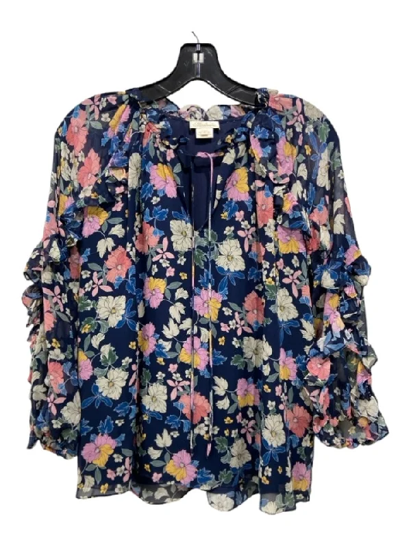 Shoshanna Size Small Navy, Pink & Yellow Silk 3/4 Balloon Sleeve Floral Top