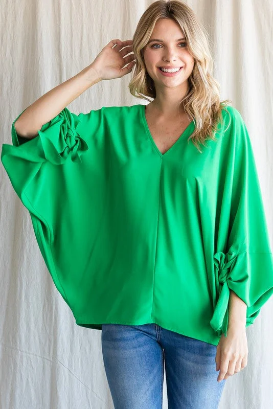 Kelly Green Solid 3/4 Tie-up Dolman Sleeves Top