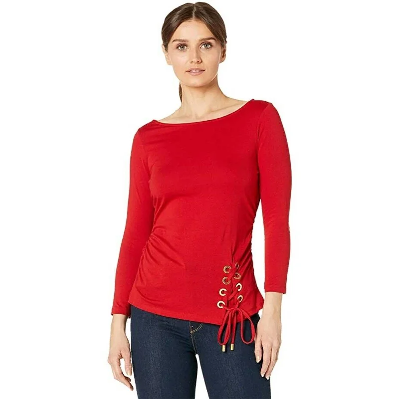 Michael Kors Ladies Lace-Up Detail 3/4-Sleeve Top Crimson