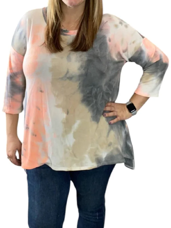 Tie Dye 3/4 Top In Coral/grey