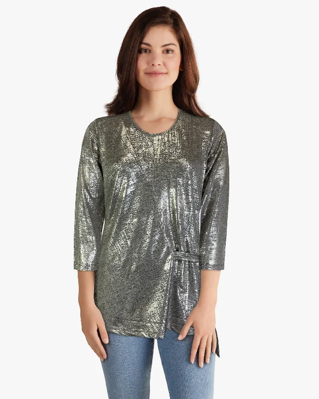 Foil Print 3/4 Slv Shine Top - Coffee Gold (D25742)