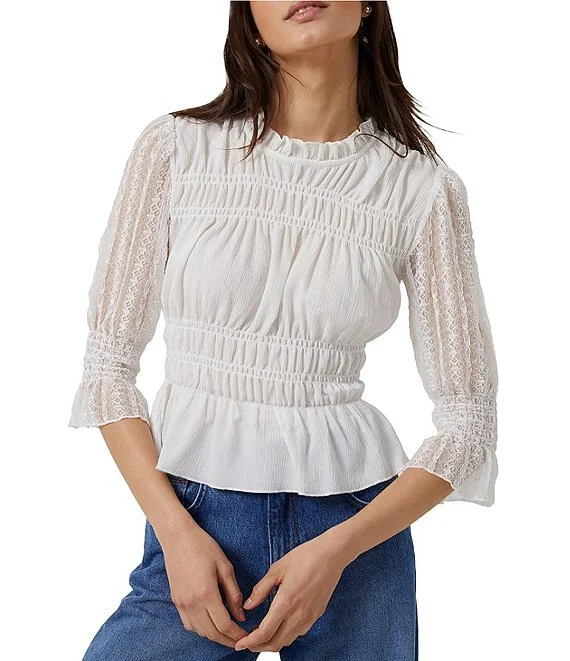 White 3/4 Lace Sleeve Ruched Fitted Jersey Top