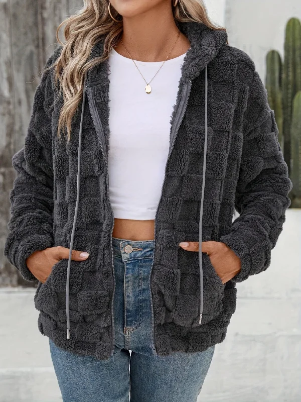 Checkered Texture Zip Up Drawstring Fuzzy JacketRain Jackets