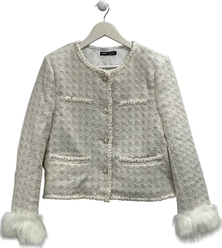 Shein Cream Tweed Jacket With Faux Fur Trimmed Sleeves UK SSafari Jackets