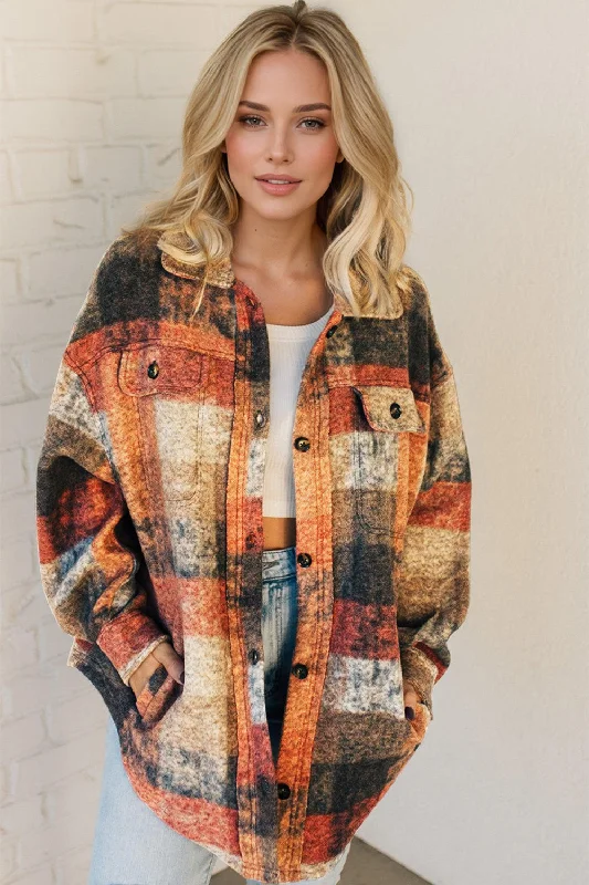 Double Take Button Up Plaid Fleece Shacket with PocketsPea Coats