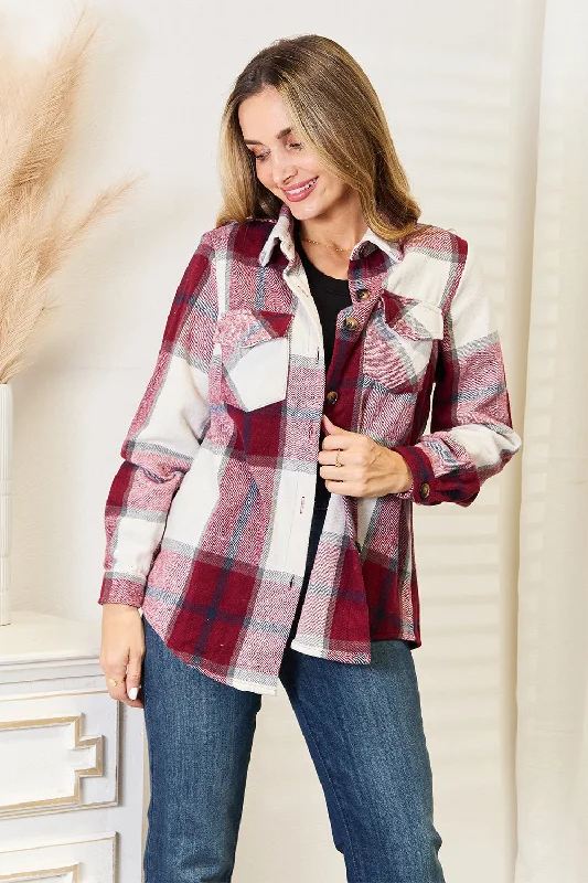 Double Take Plaid Button Up Flannel Shirt JacketLuxury Jackets