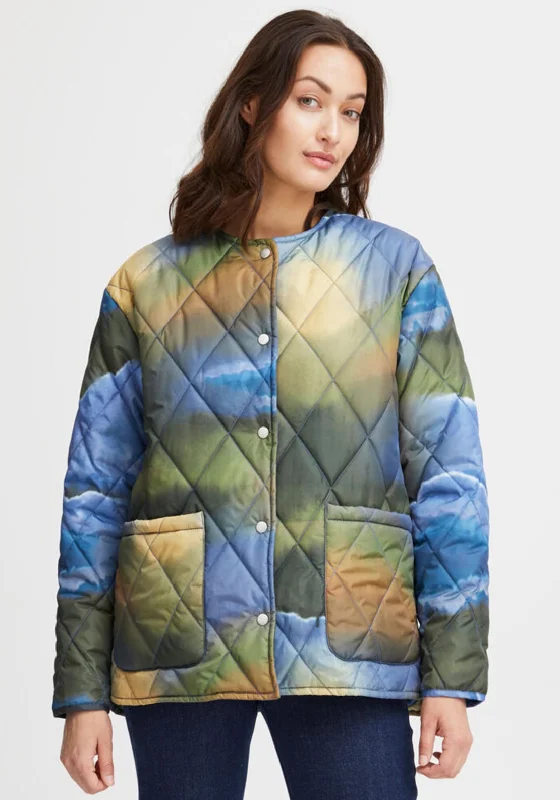 Fransa Watercolour Print Quilted Jacket, Blue MultiHip-Hop Jackets