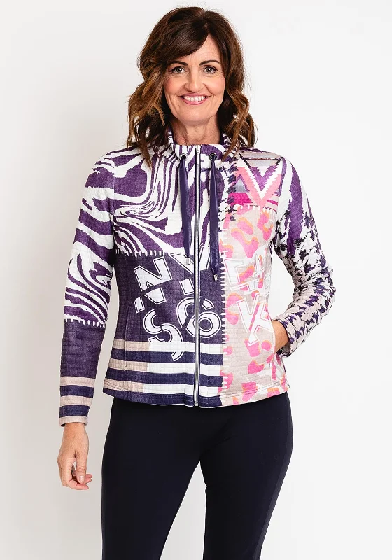 Just White Drawstring Neckline Print Jacket, Purple MultiLeather-Paneled Jackets