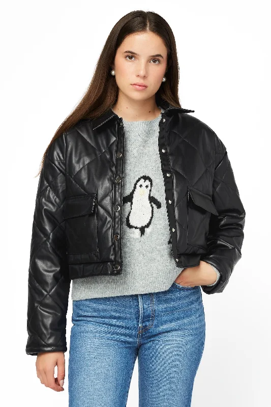 Quilted Vegan Leather Jacket with Flap PocketsVarsity Jackets