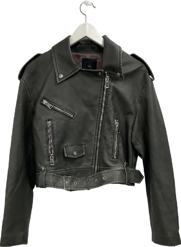 MANGO Grey Faux Leather Belted Biker Jacket UK MDenim Jackets