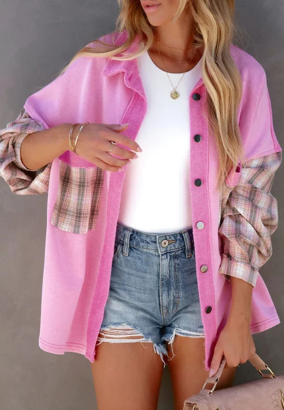 Plaid Button Up Shacket with Chest PocketsCotton Jackets