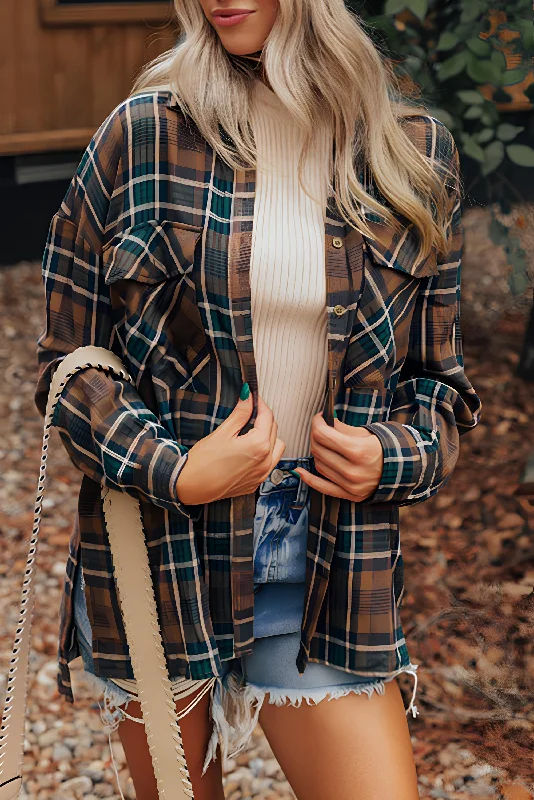 Plaid Collared Neck Button Up JacketSki Jackets