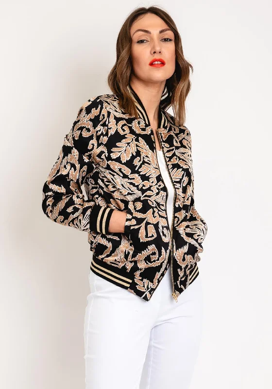 Serafina Collection Feather Print Bomber Jacket, BlackPuffer Jackets