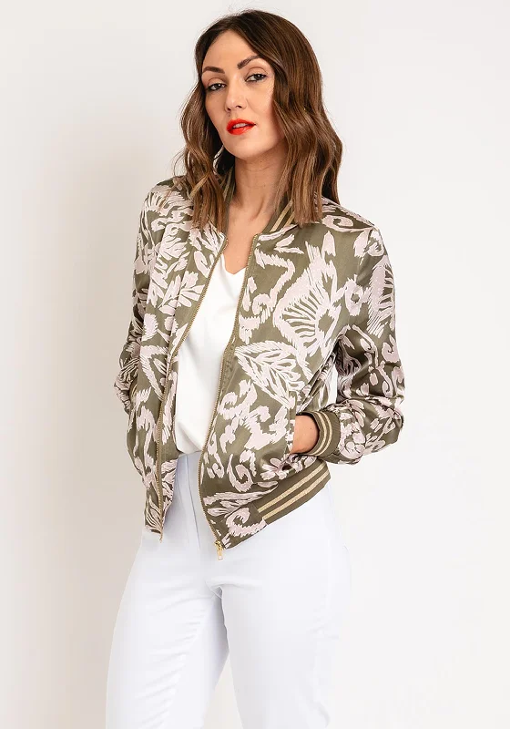 Serafina Collection Feather Print Bomber Jacket, KhakiBomber Jackets