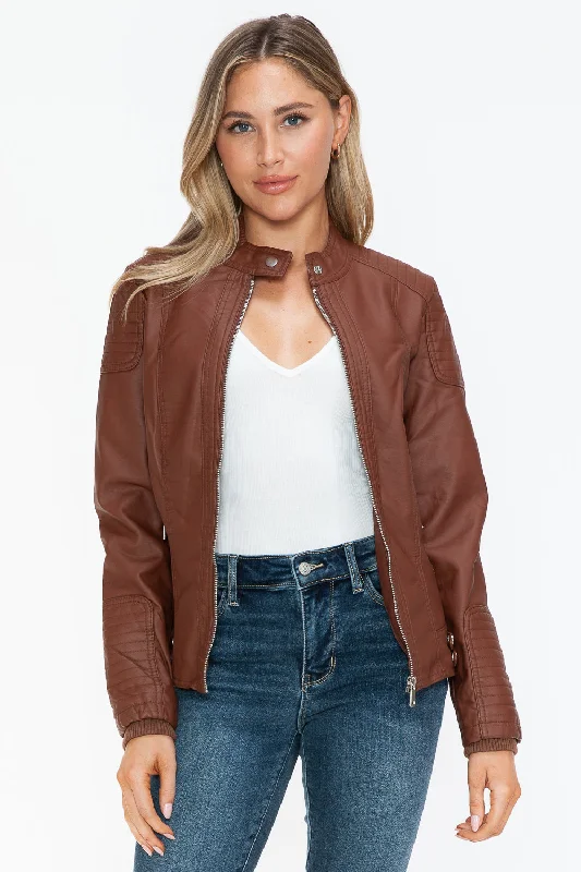 Snobbish Faux Leather Biker Jacket with Side Zip PocketsRain Jackets