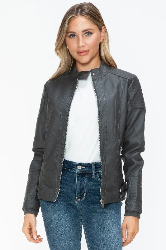 Snobbish Faux Leather Biker Jacket with Side Zip PocketsMilitary Jackets