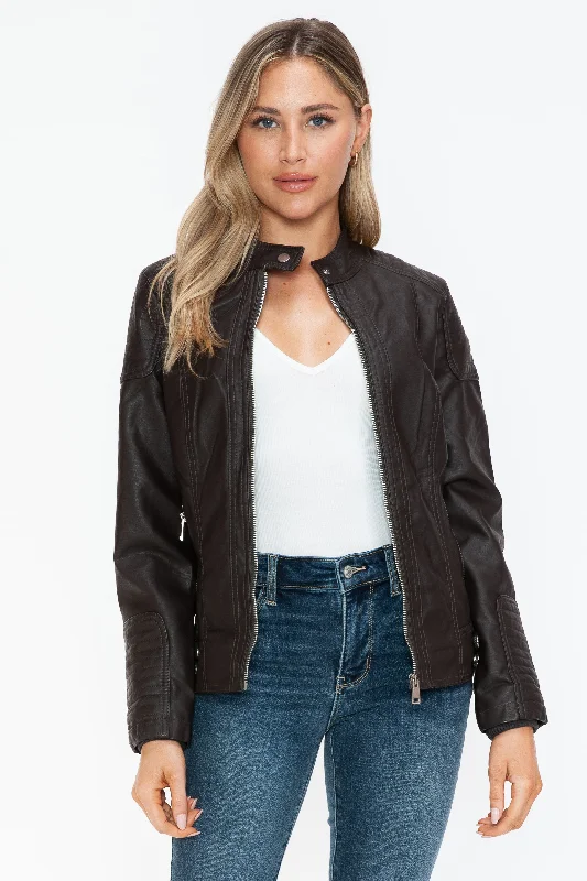 Snobbish Faux Leather Biker Jacket with Side Zip PocketsBlazers