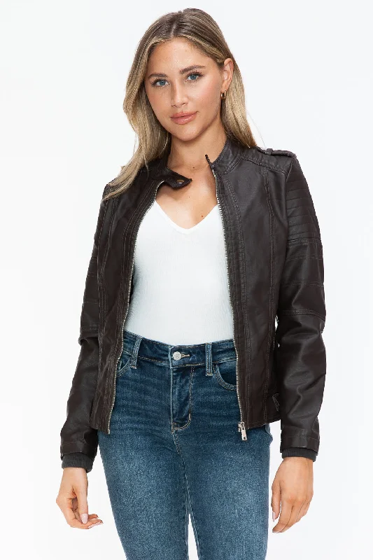 Snobbish PU Leather Biker Jacket with Side Zip PocketsSheer Jackets