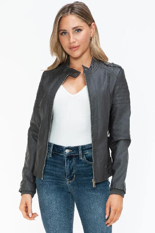 Snobbish PU Leather Biker Jacket with Side Zip PocketsLeather-Paneled Jackets