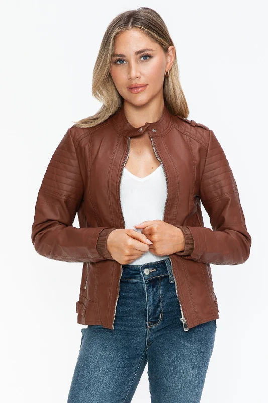 Snobbish PU Leather Biker Jacket with Side Zip PocketsMetallic Jackets