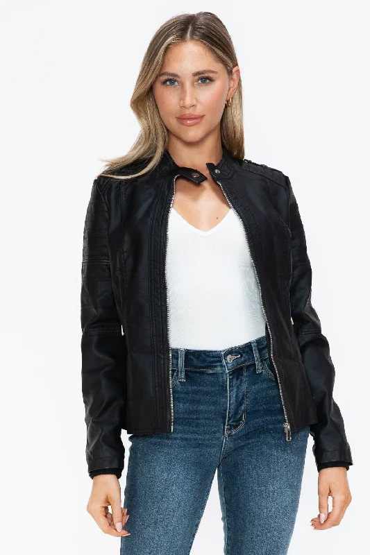 Snobbish PU Leather Biker Jacket with Side Zip PocketsLayered Jackets