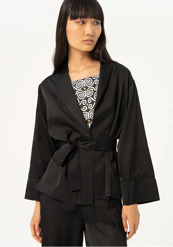 Surkana Plain Satin Kimono Satin Jacket, BlackCropped Jackets