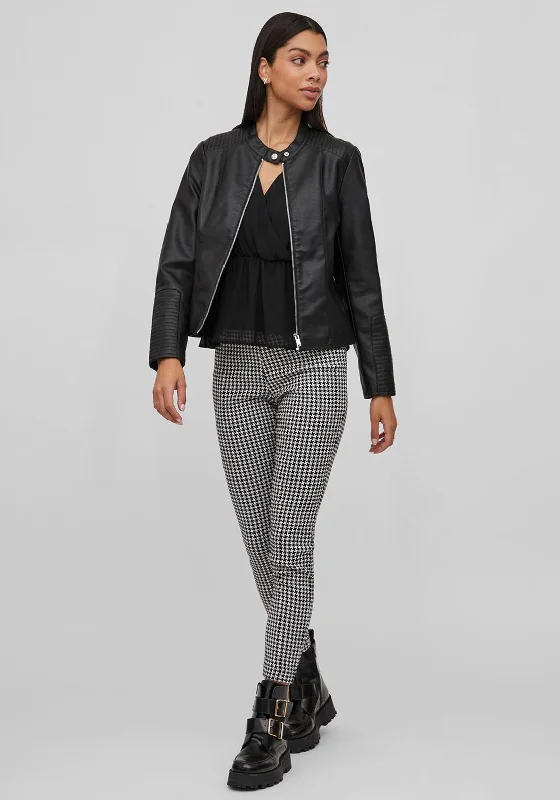 Vila Leather Look Biker Jacket, BlackRibbed Cuff Jackets