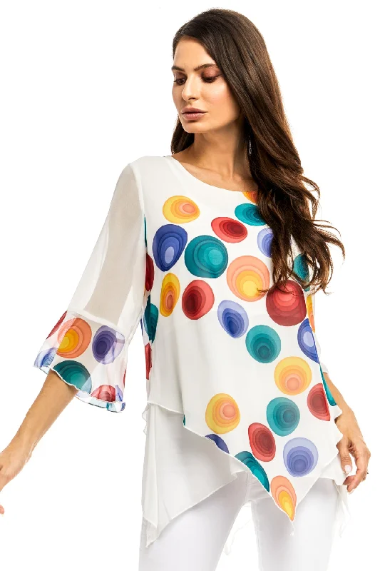 Adore White Chiffon Bright Multi Colored Dot BlouseGraphic Shirts