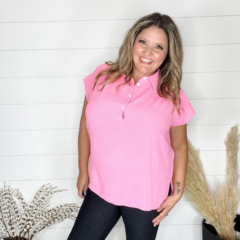 "Bailee" Collared Cap Sleeve Blouse with Front Buttons (Pink Cosmos)Striped Shirts