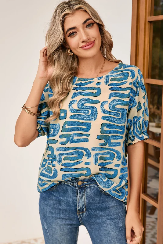 Beige Abstract Print Round Neck Dolman BlouseStreetwear Shirts