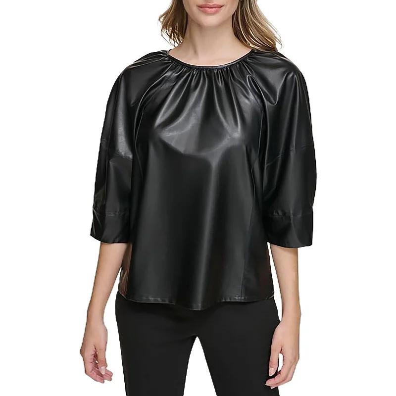 Womens Faux Leather Ruched BlouseVelvet Shirts