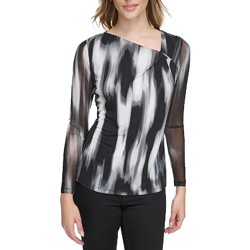 Womens Printed Asymmetric Neck BlouseSheer Shirts