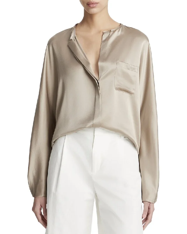 Vince Raw Edge Trim Button Front Silk BlouseLace-Up Shirts