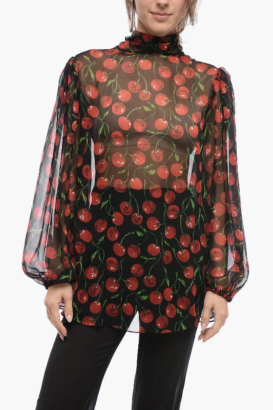 Dolce & Gabbana Silk Chiffon CHERRY Tie Neck Blouse 42 Italian sizeRunning Shirts