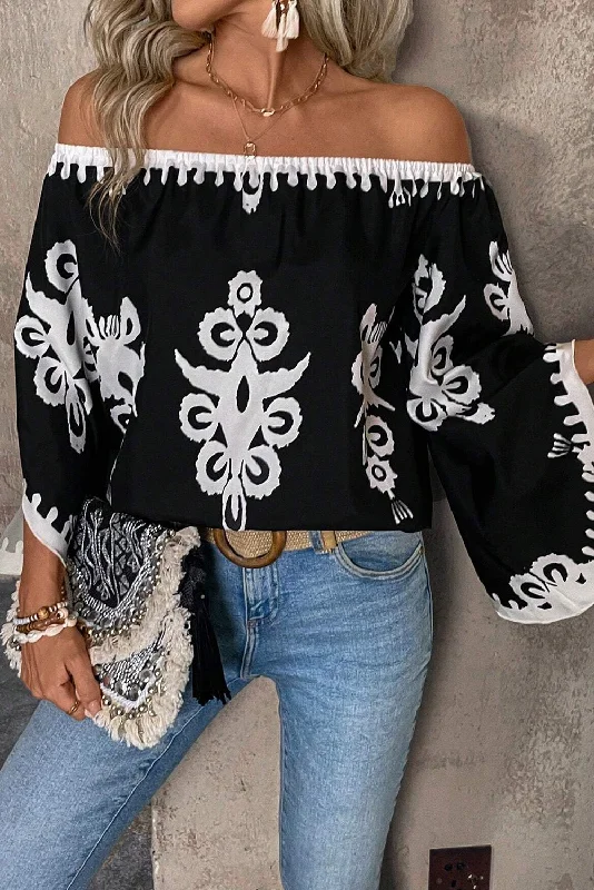 Black Ethnic Print Off Shoulder Flounce Sleeve BlouseRetro Shirts