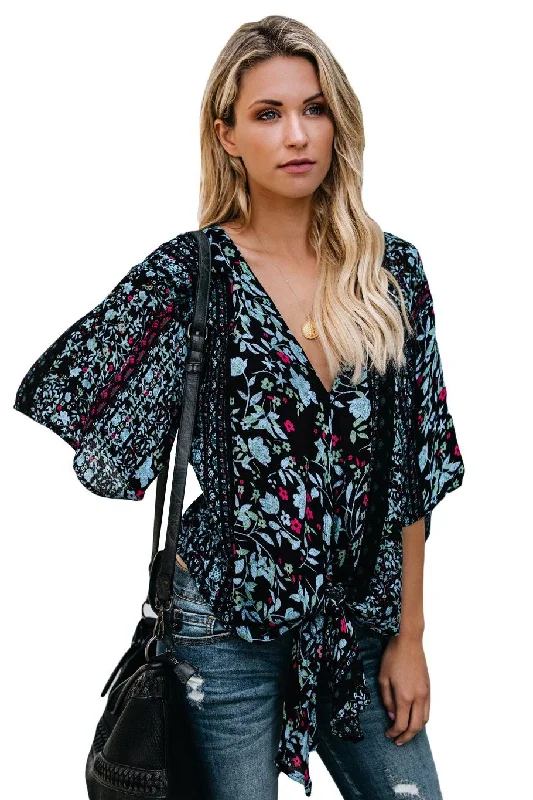 Black Floral Print Tie Front Kimono Sleeve BlouseBamboo Shirts