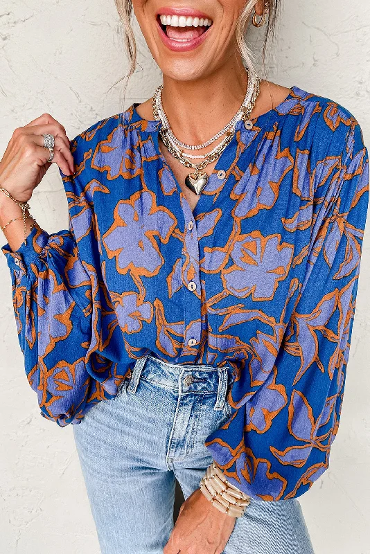 Blue Floral Print Batwing Sleeve Button Loose Fit BlouseBand Merch Shirts