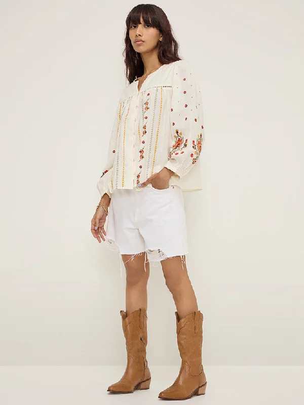 Bombay Paisley White Embroidered Cotton BlouseCropped Shirts