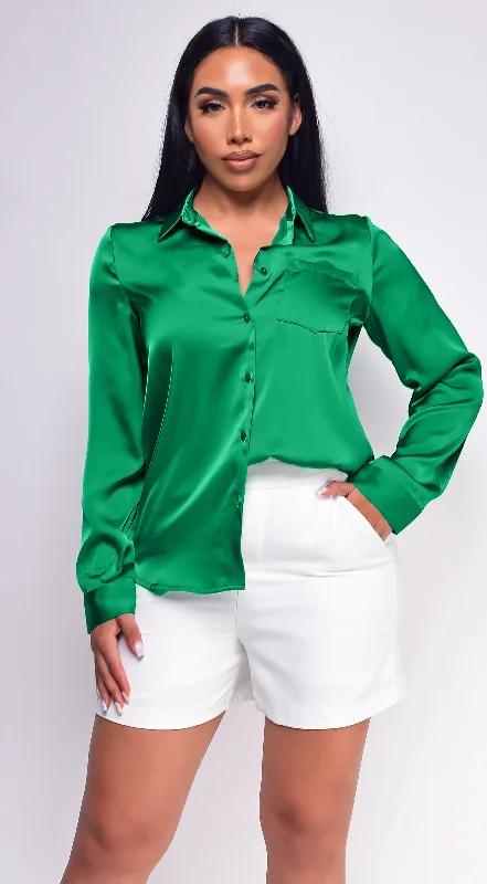 Braylee Satin Button Down Blouse Top - Kelly GreenRuffled Shirts