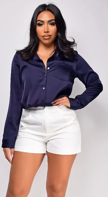 Braylee Satin Button Down Blouse Top - NavyGlitter Shirts