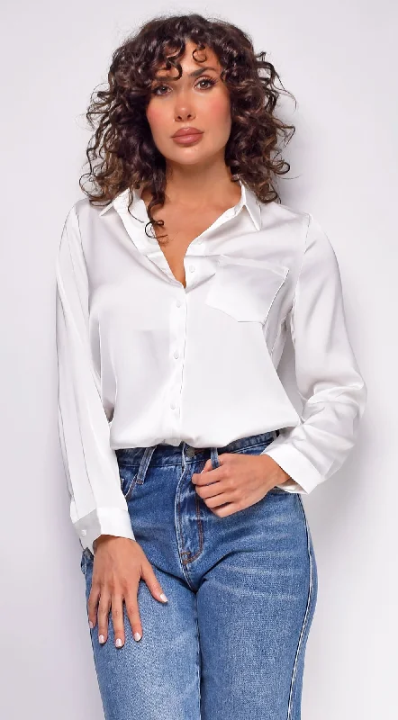 Braylee Satin Button Down Blouse Top - WhiteMetallic Shirts